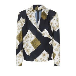 Ted Baker, olive navy white and floral wrap blouse, size 1 (US 4)